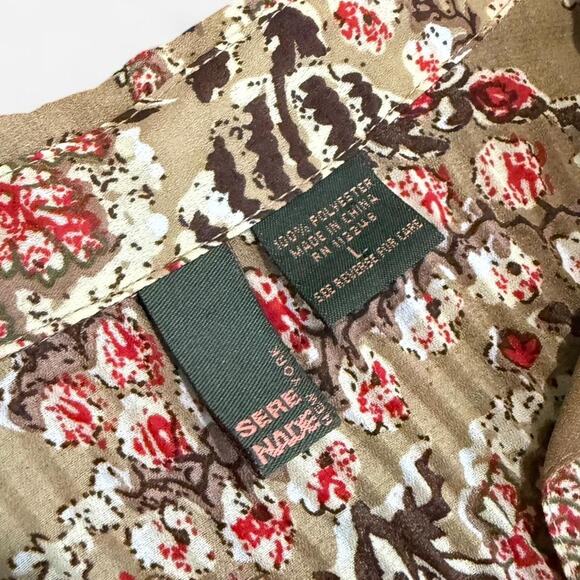 VTG Y2K Serenade NY Light Brown & Red Floral Crinkled Bell Sleeve Collared Top L - Picture 8 of 8